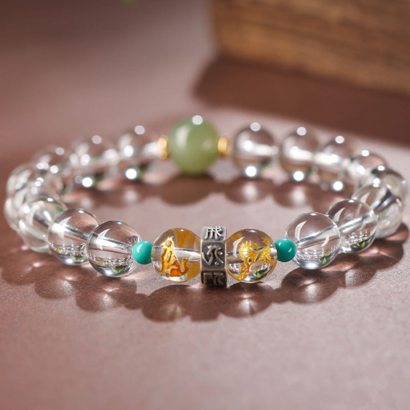 925 Sterling Silver Hetian Jade & White Crystal Chinese Zodiac Guardian Buddha Beaded Bracelet