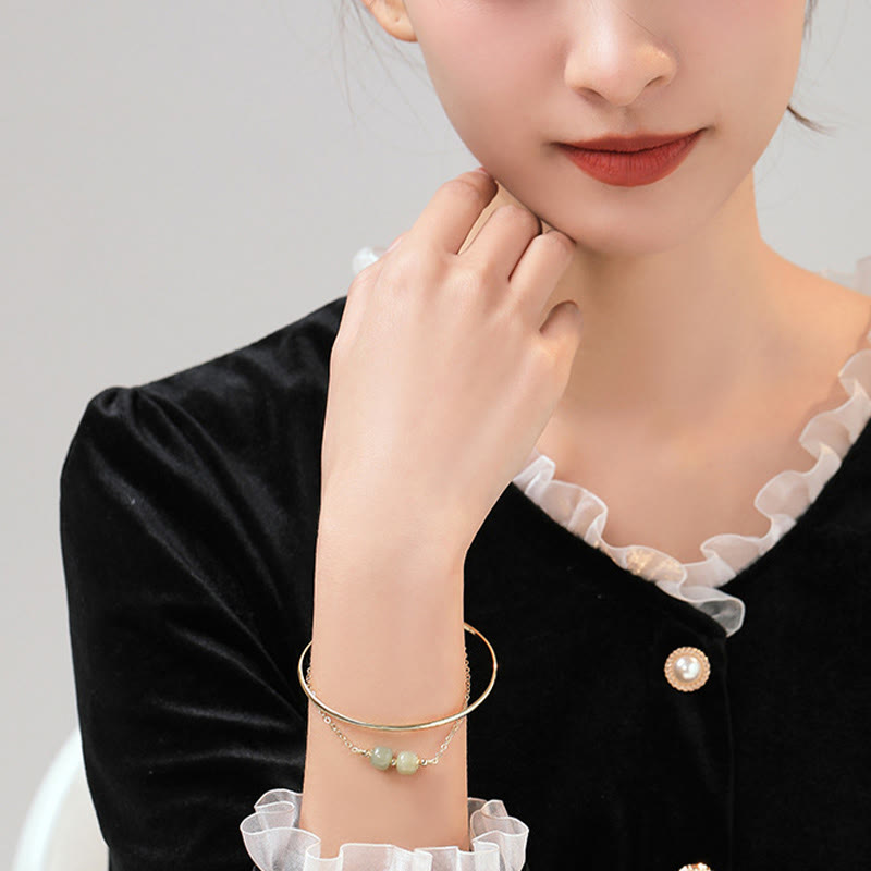 Copper Plated Gold Hetian Jade Bead Luck Double Layer Bracelet Bangle