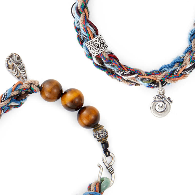 Handmade 925 Sterling Silver Tiger Eye & Jade Om Mani Padme Hum Colorful Rope Bracelet