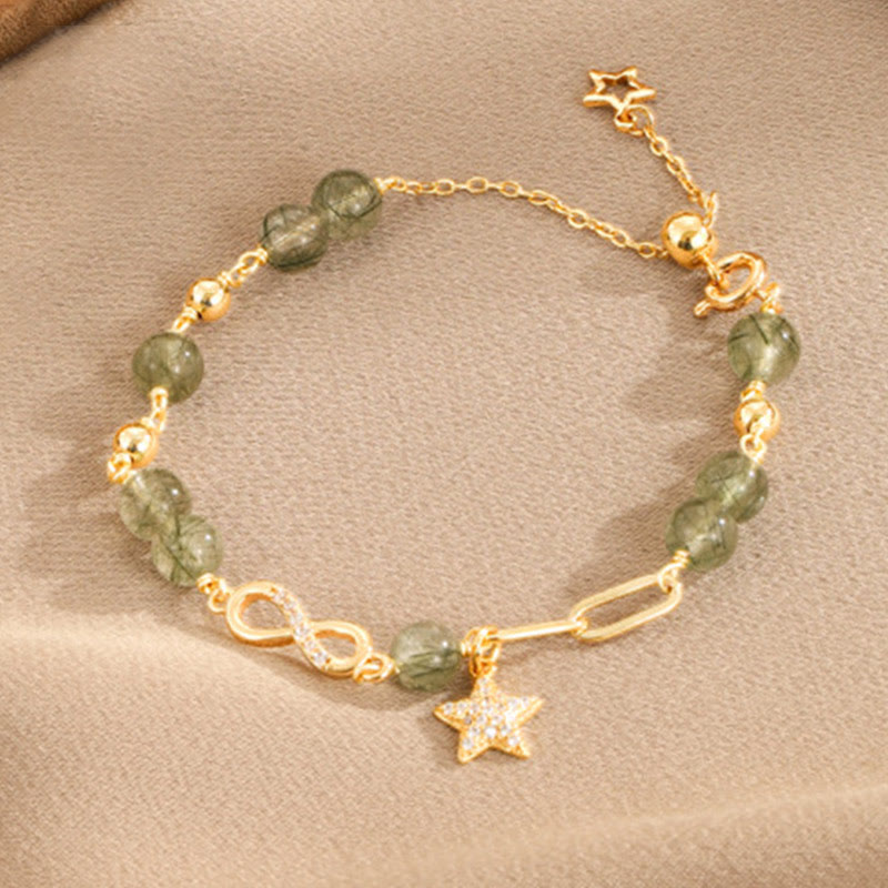 14k Gold Plated Copper Green Rutilated Quartz Möbius Loop Eternal Love Star Protection Bracelet