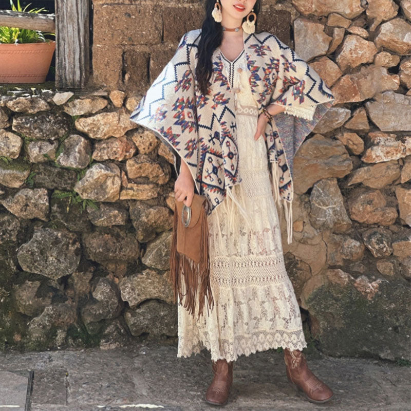 Tibetan Shawl Striped Geometry Pattern Winter Cozy Travel Knitted Scarf Wrap