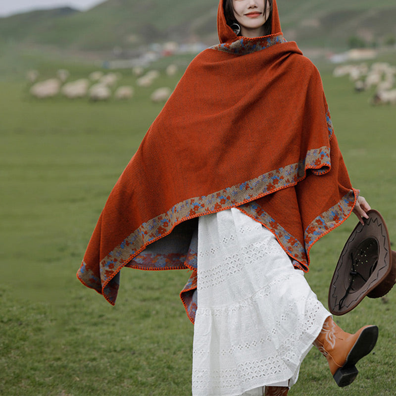 Tibetan Shawl Border Small Floral Flower Hooded Cloak Winter Cozy Travel Scarf Wrap