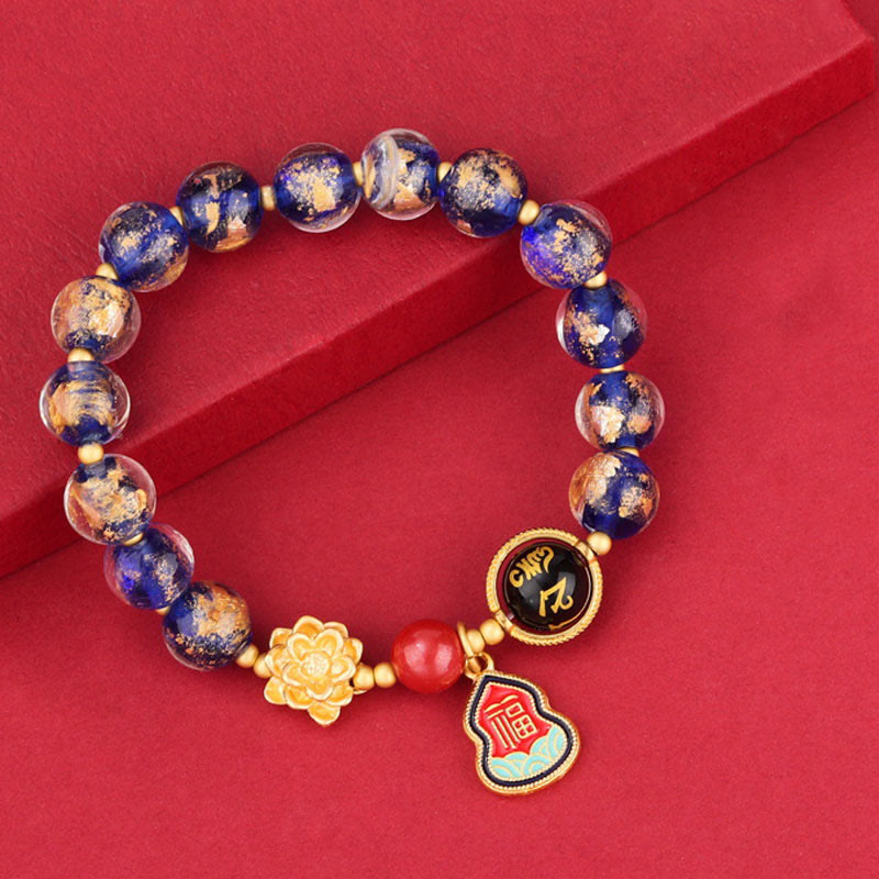 Tibetan Om Mani Padme Hum Lotus & Wu Lou Gourd Copper Charm Liuli Glass Beaded Bracelet