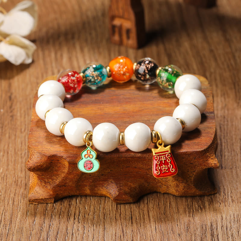 Luminous Liuli Glass & Tibetan Porcelain Beaded Bracelet with Wu Lou Copper Coin Charm