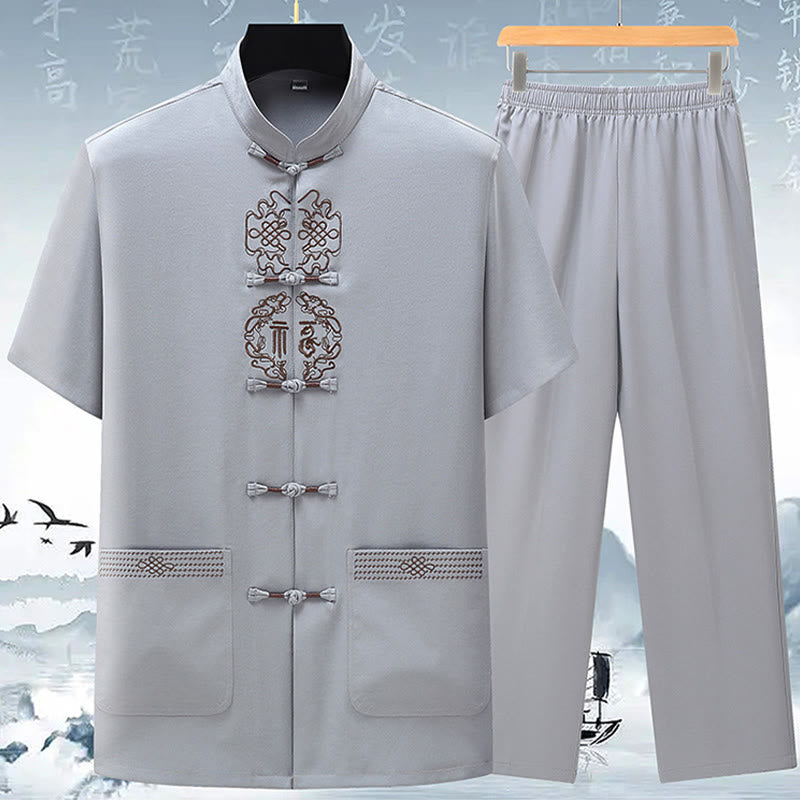 Fu Character Chinese Knotting Embroidery Tang Suit Traditional Short Sleeve Top Pants Clothing Men's Set