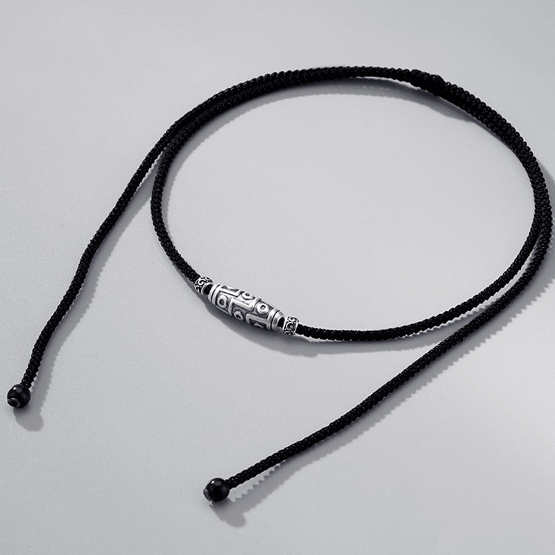 999 Sterling Silver Nine-Eye Dzi Bead Pattern Protection Rope Necklace Pendant