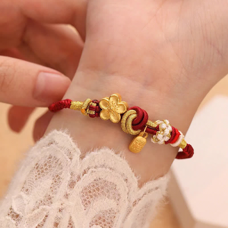 Hand-Woven Red String Gold Copper Peach Blossom Adjustable Bracelet