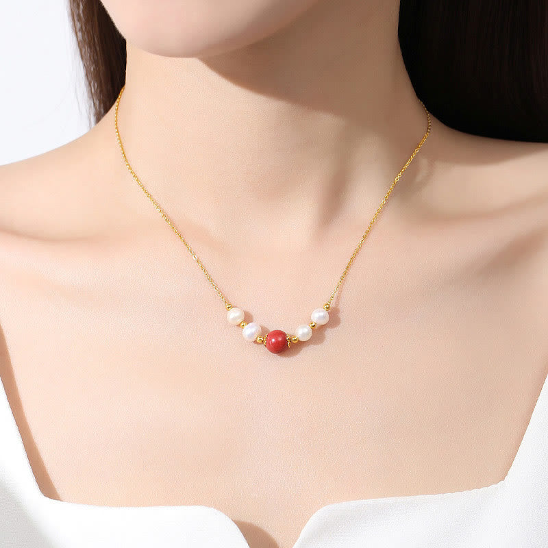 925 Sterling Silver Pearl Cinnabar Sincerity Healing Bead Chain Necklace Pendant