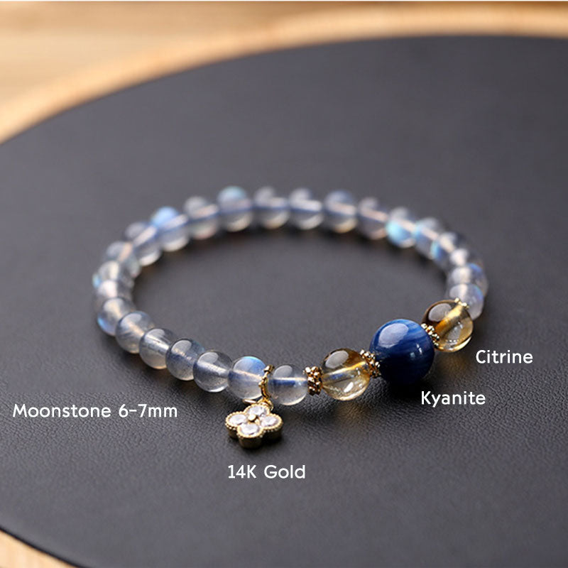 Natural Moonstone Citrine Kyanite 14K Gold Flower Charm Beaded Bracelet