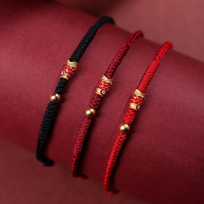 Handmade 925 Sterling Silver Koi Fish Braided Red String Bracelet