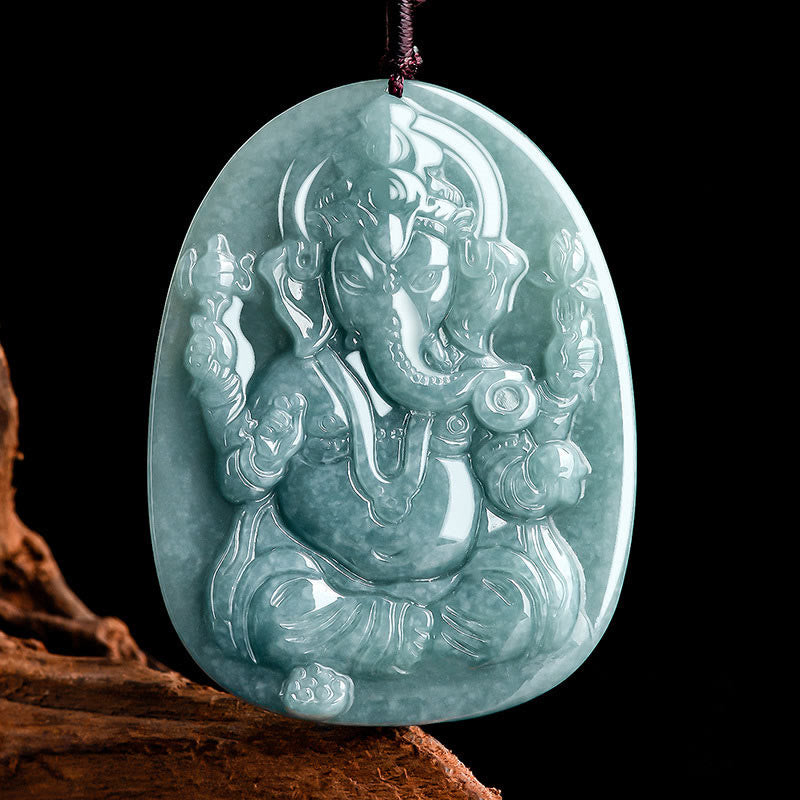 Natural Jade Ganesh Ganpati Elephant Protection Amulet Necklace Pendant
