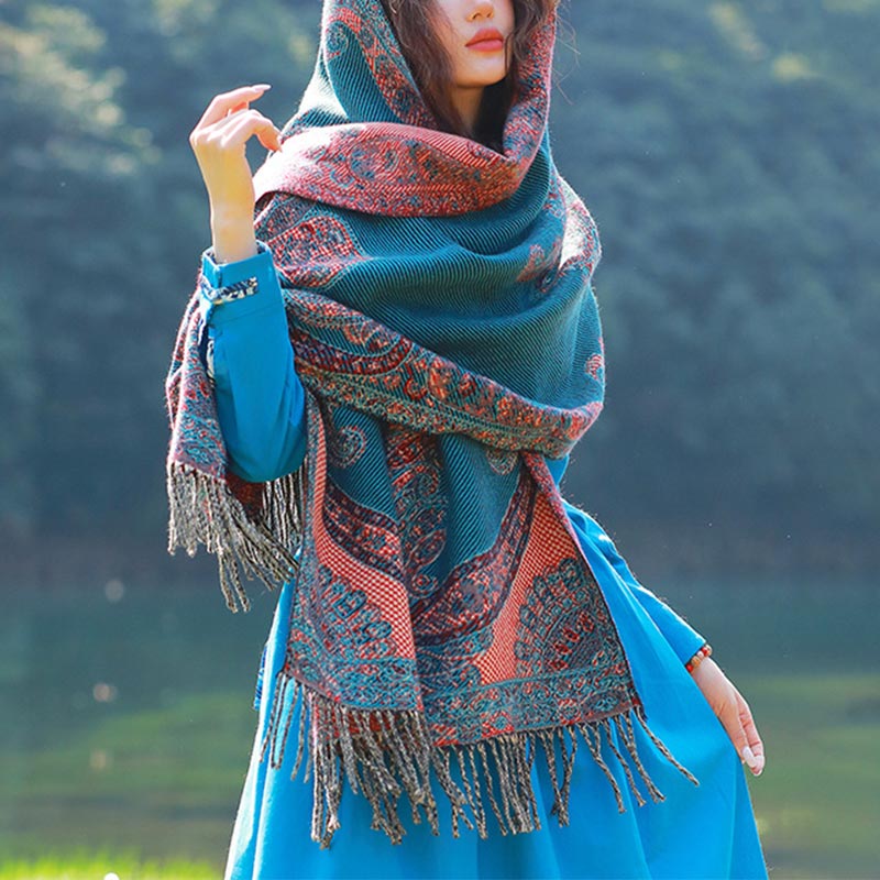 Tibetan Vine Leaves Pattern Design Shawl Cozy Travel Scarf Wrap