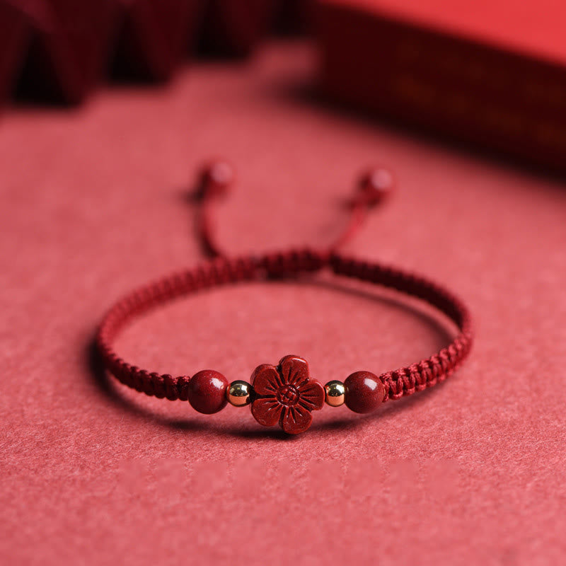Hand-Woven Red String Cinnabar Clover and Flower Charm Bracelet