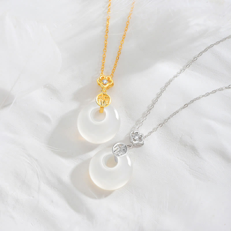 925 Sterling Silver White Agate Fu Character Happiness Luck Necklace Pendant