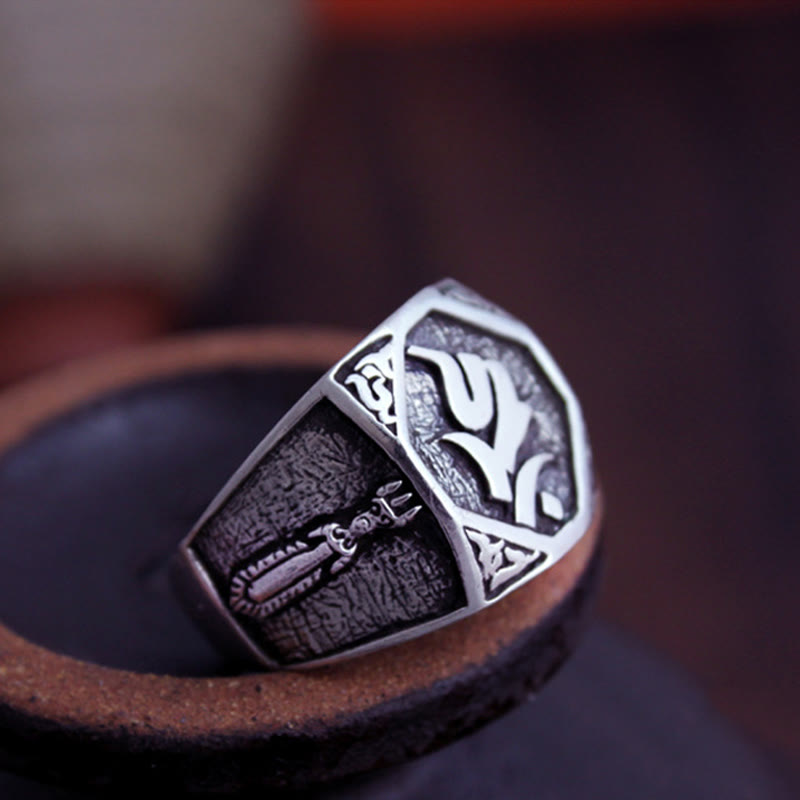 925 Sterling Silver Sanskrit Design Carved Protection Adjustable Ring