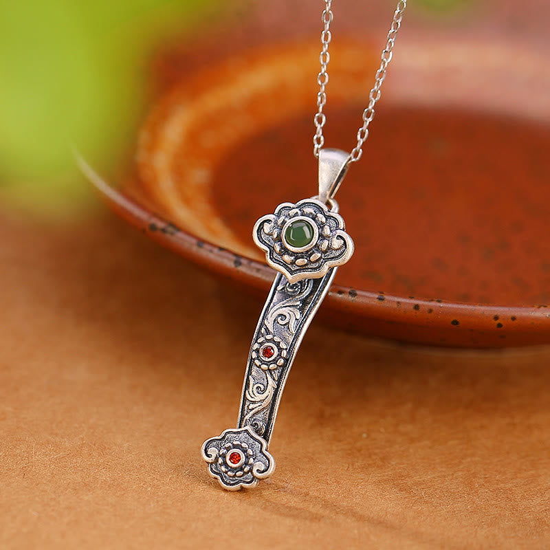 925 Sterling Silver Red Agate Cyan Jade Auspicious Clouds Ruyi Handle Blessing Necklace Pendant