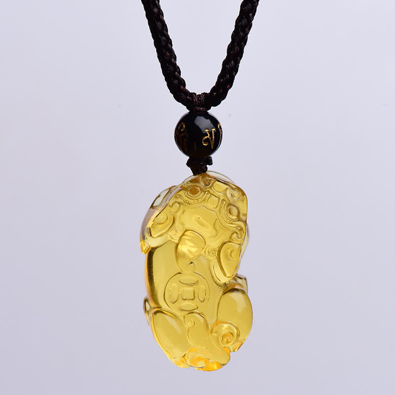Natural Citrine Pixiu Hand-Carved Unisex Pendant Necklace