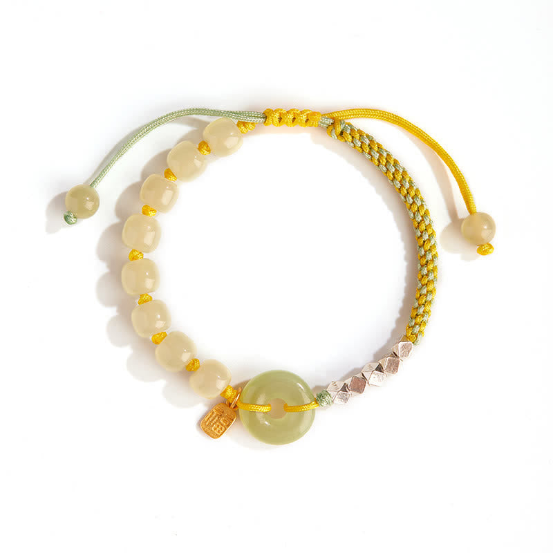 Hand-Woven Hetian Jade Ping An Kou Gold Plated Sterling Silver Beaded Bracelet