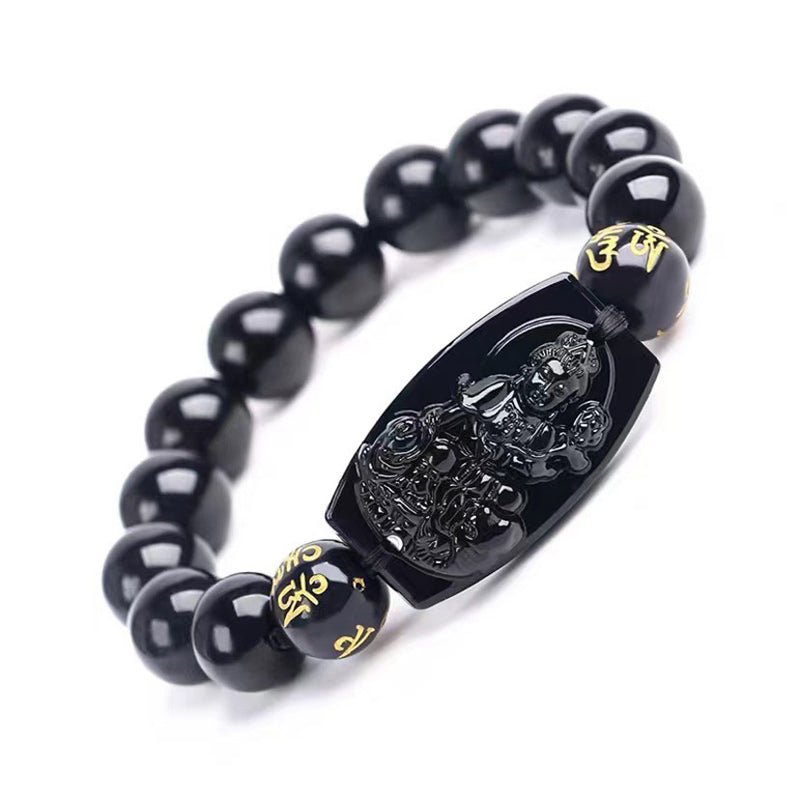 Hand-Carved Black Obsidian Om Mani Padme Hum Chinese Zodiac Beaded Bracelet