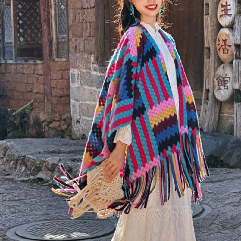 Tibetan Shawl Candy Color Braided Pattern Winter Cozy Travel Knitted Tassel Scarf Wrap