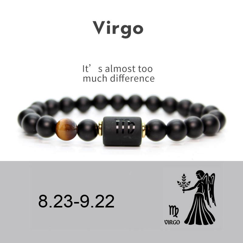 Black Onyx, Tiger Eye, Imperial Jasper & Turquoise Adjustable Zodiac Sign Beaded Bracelet