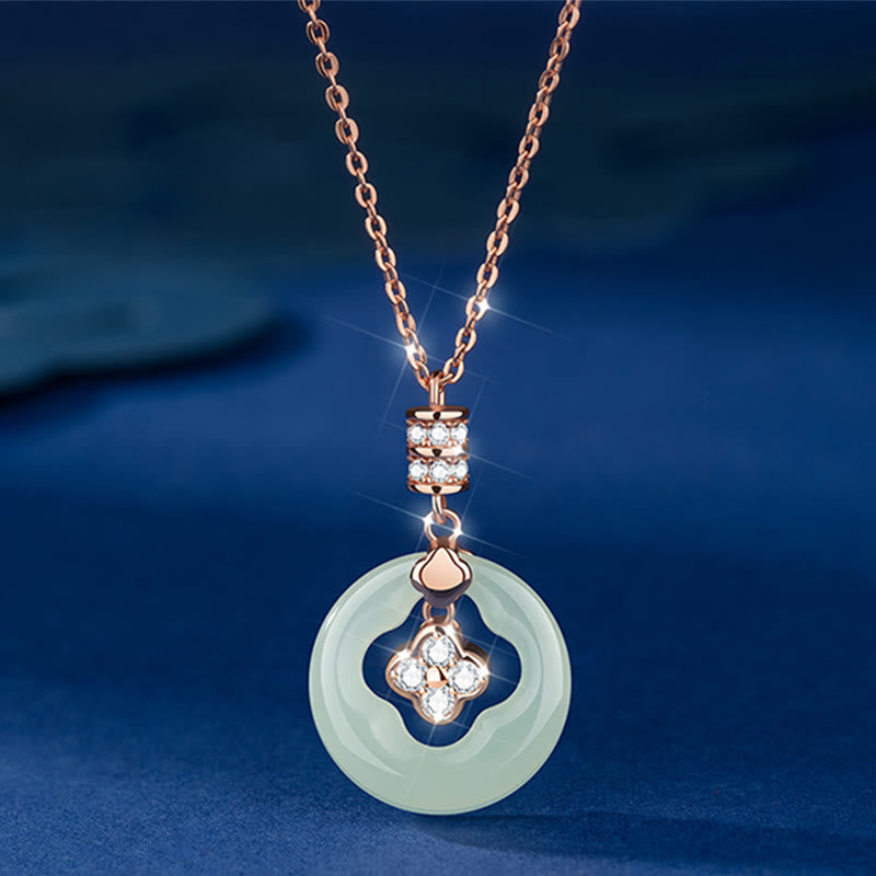 925 Sterling Silver Natural Hetian Jade Lucky Four Leaf Clover Zircon Necklace Pendant With Gift Box