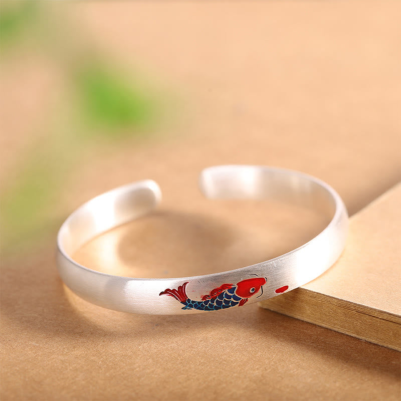 999 Sterling Silver Koi Fish Luck Cuff Bracelet Bangle