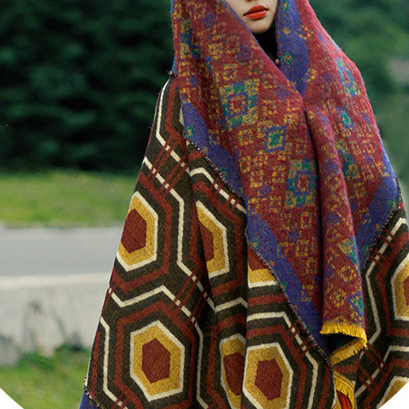 Tibetan Shawl Brown Blue Red Geometric Shapes Pattern Winter Cozy Travel Scarf Wrap