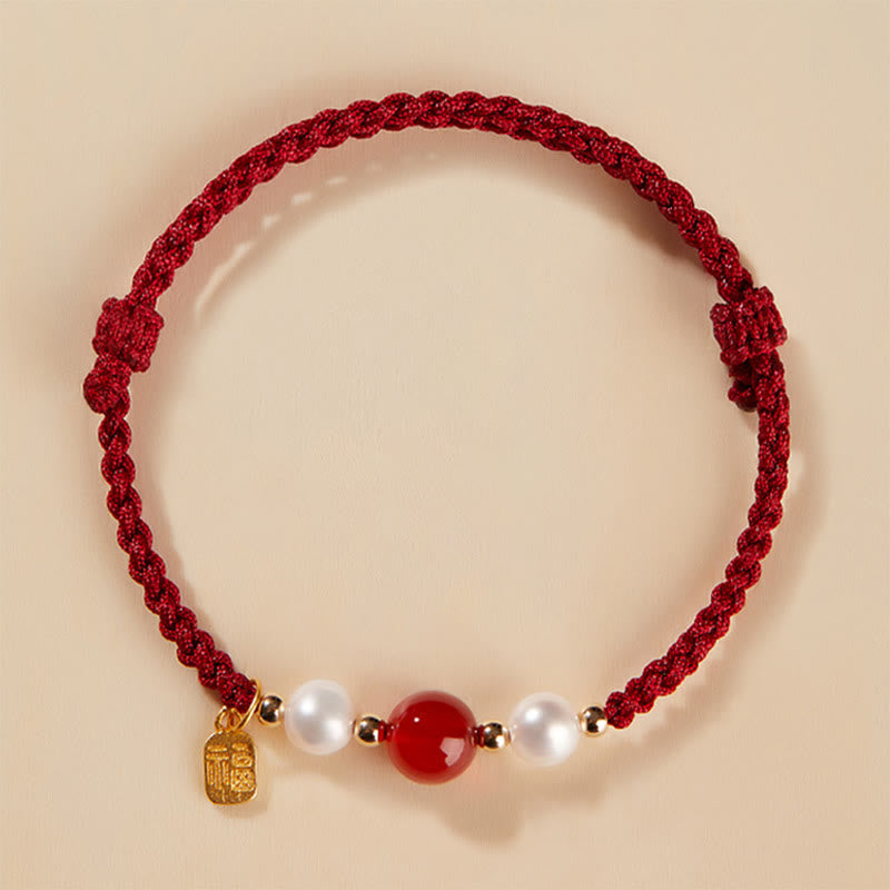 925 Sterling Silver Fu Prosperity Charm Agate Pearl Red String Braided Bracelet