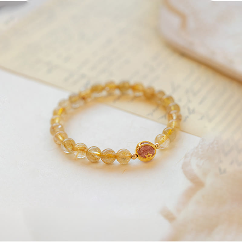 Golden Rutilated Quartz Strawberry Quartz Star Protection Bracelet