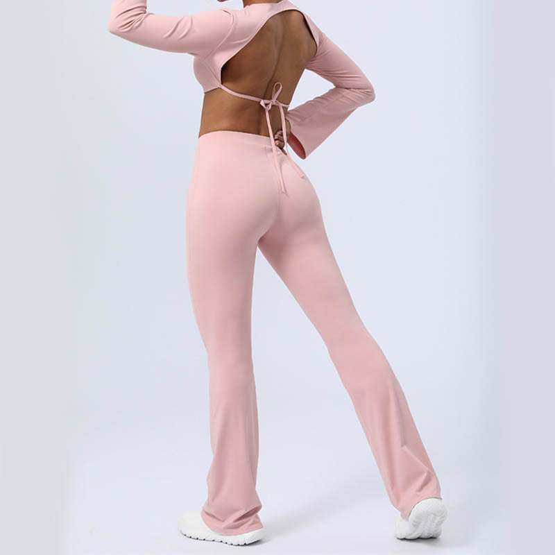 Long Sleeve Backless Strap Top Bra Flare Pants Fitness Yoga Outfit