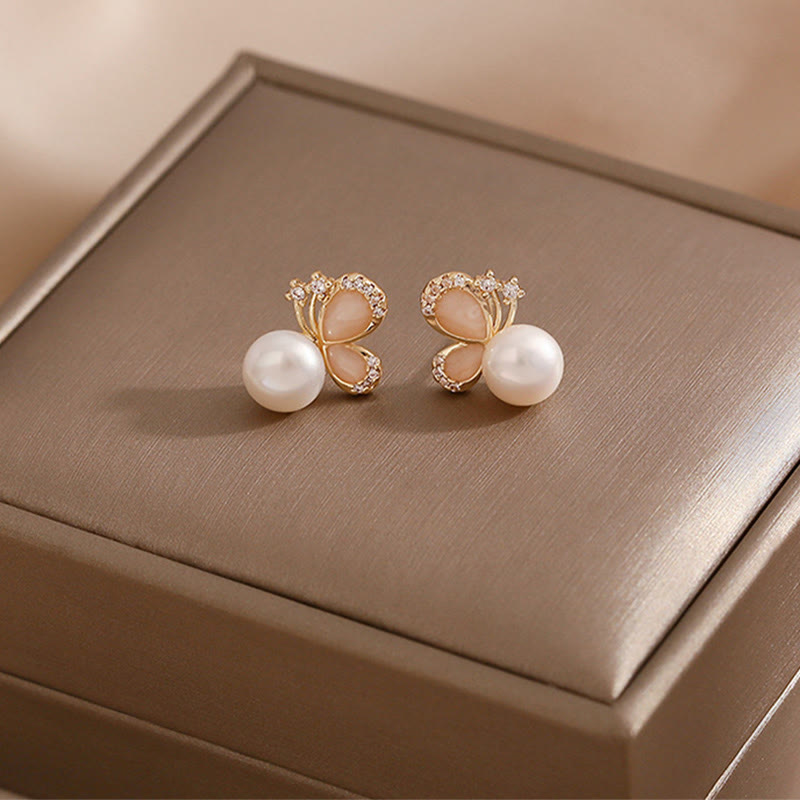 18k Gold Plated Natural Pearl Butterfly Stud Earrings