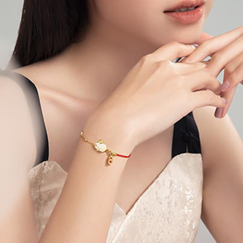 Year of the Rabbit White Jade Happiness Red String Chain Bracelet