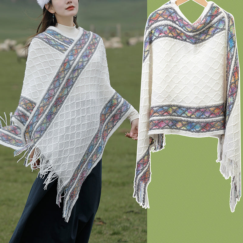 Tactile Knit Geometric Tassel Meditation Shawl Pullover