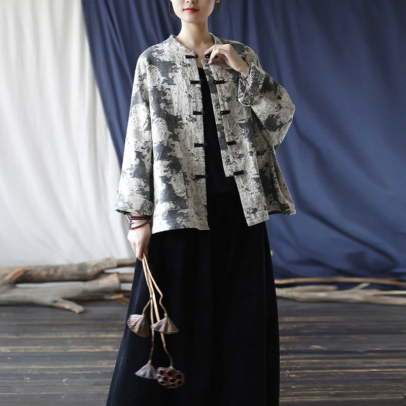 Black Gray Print Frog-button Design Long Sleeve Cotton Linen Jacket Shirt With Pockets