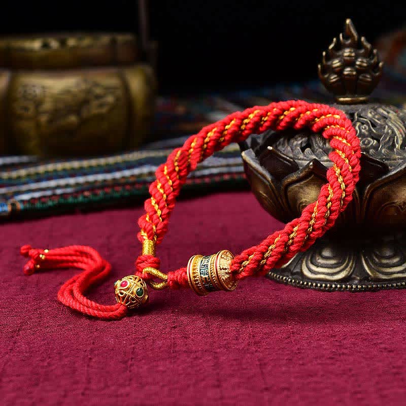 Handmade Tibetan Prayer Wheel & Endless Knot Braided Red String Bracelet