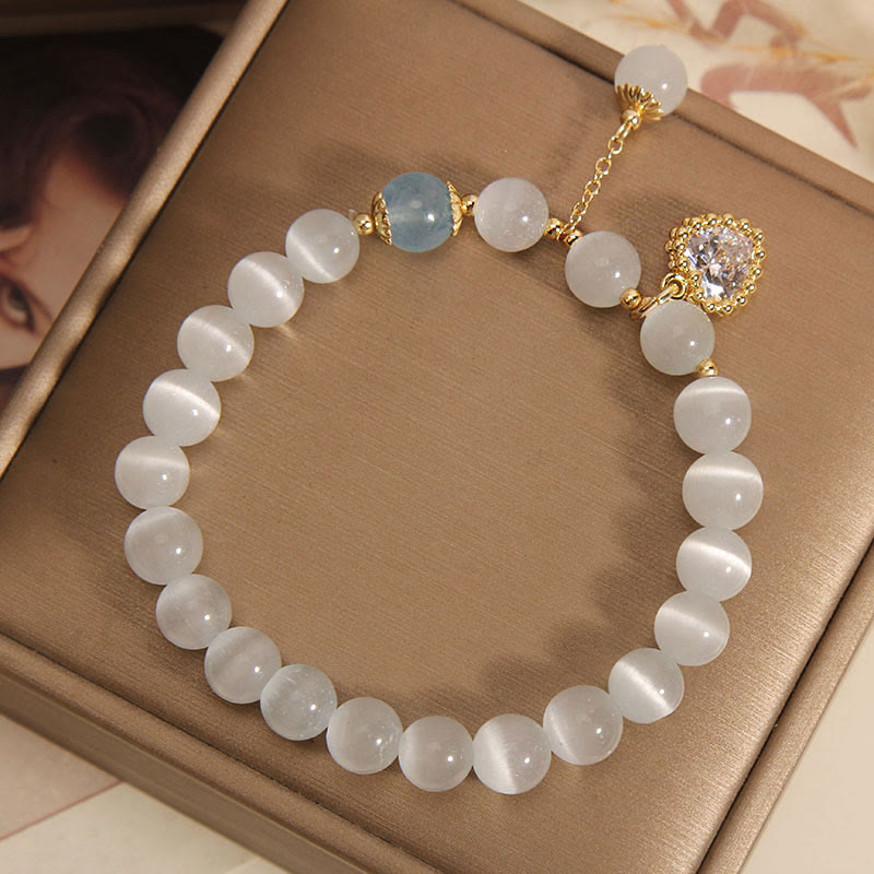 Cat's Eye and Blue Quartz Heart Zircon Charm Beaded Bracelet