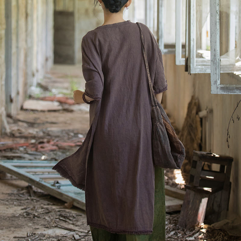 Mid Length Dress Ramie Linen Half Sleeve Split Hem Top T-Shirt