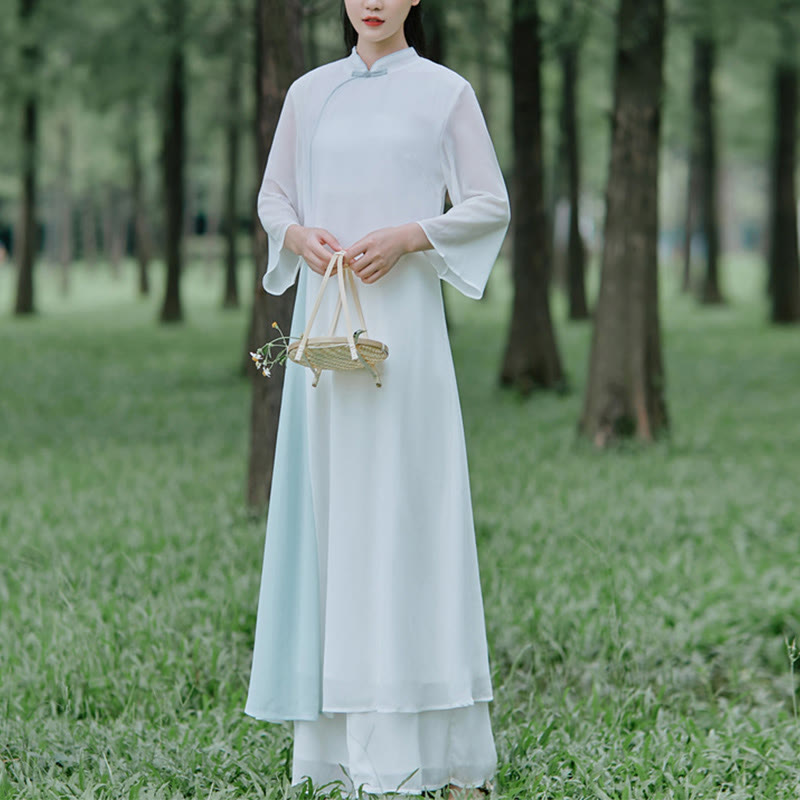 Three Quarter Sleeve Chiffon Cheongsam Midi Dress Wide Leg Pants Meditation Zen Practice Clothing