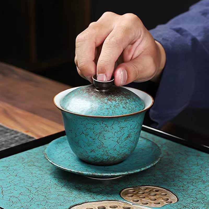 Traditional Pine Tree Green Ceramic Gaiwan Sancai Teacup Kung Fu Tea Cup And Saucer With Lid