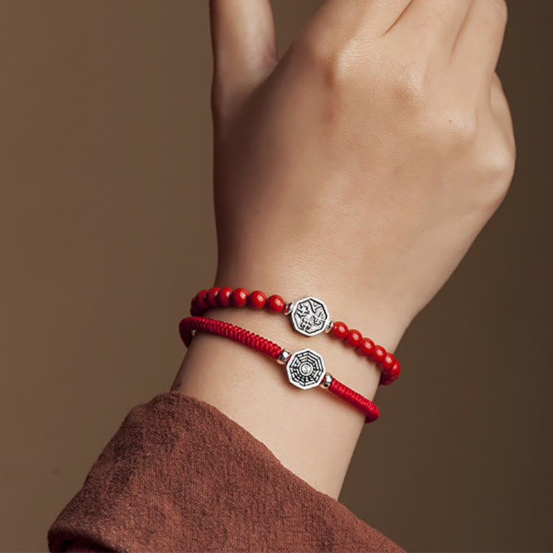 925 Sterling Silver Yin Yang Bagua Cinnabar Red String Focus Bracelet