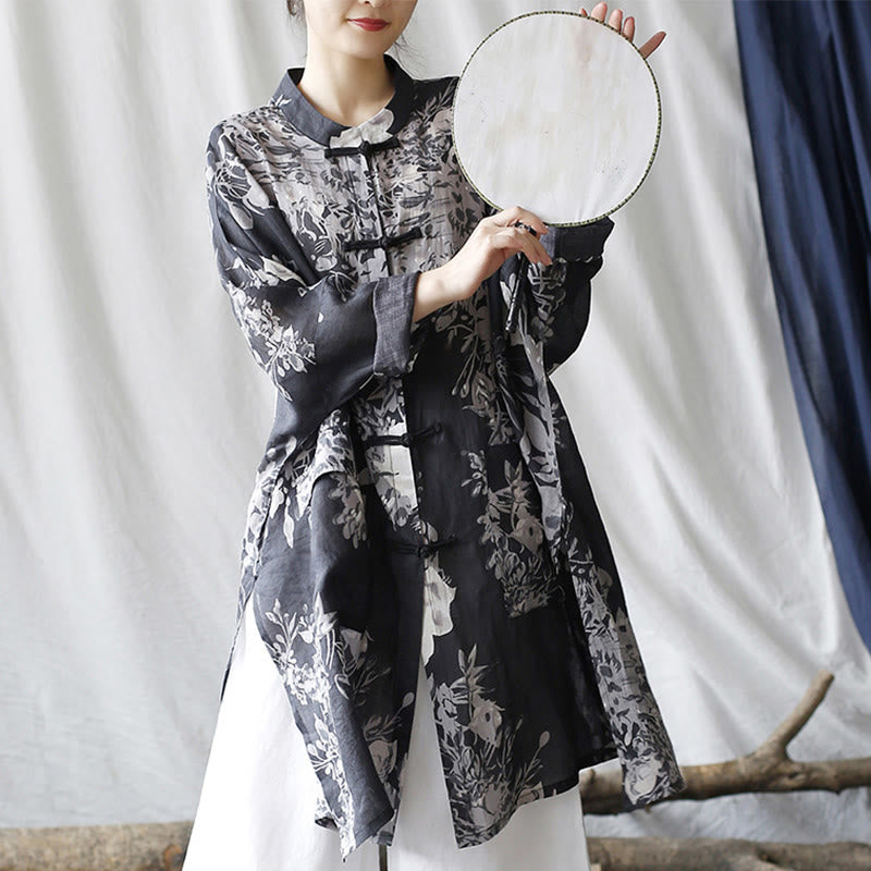 Ramie Linen Floral Stand-Collar Mindful Layering Jacket Shirt