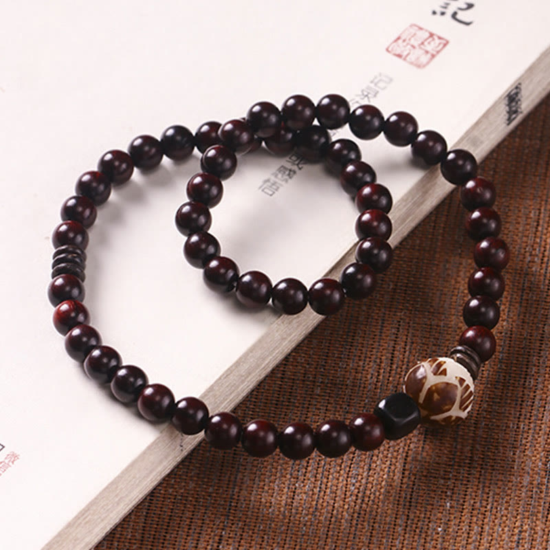 Carved Red Sandalwood and Lotus Bodhi Seed Double Wrap Bracelet