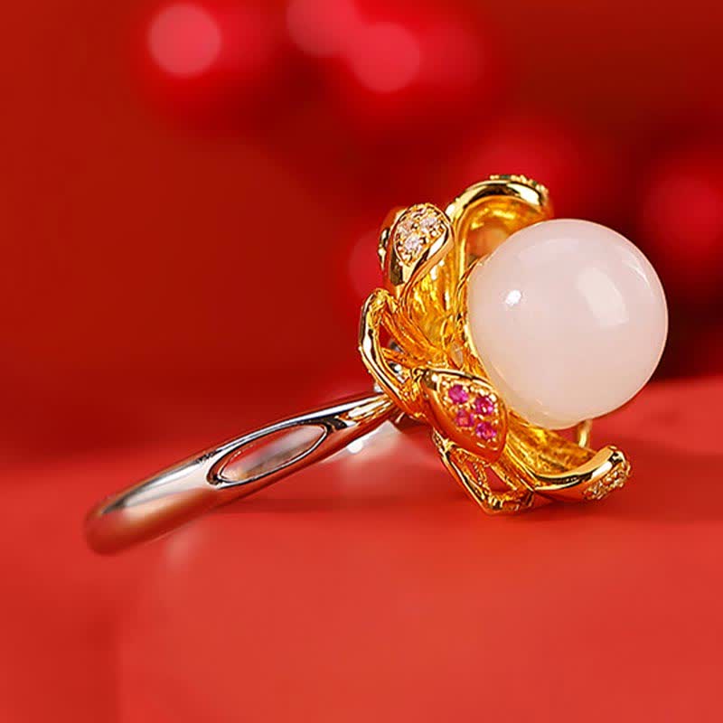 Handcrafted 925 Sterling Silver and Gold Jade Lotus Flower Ring
