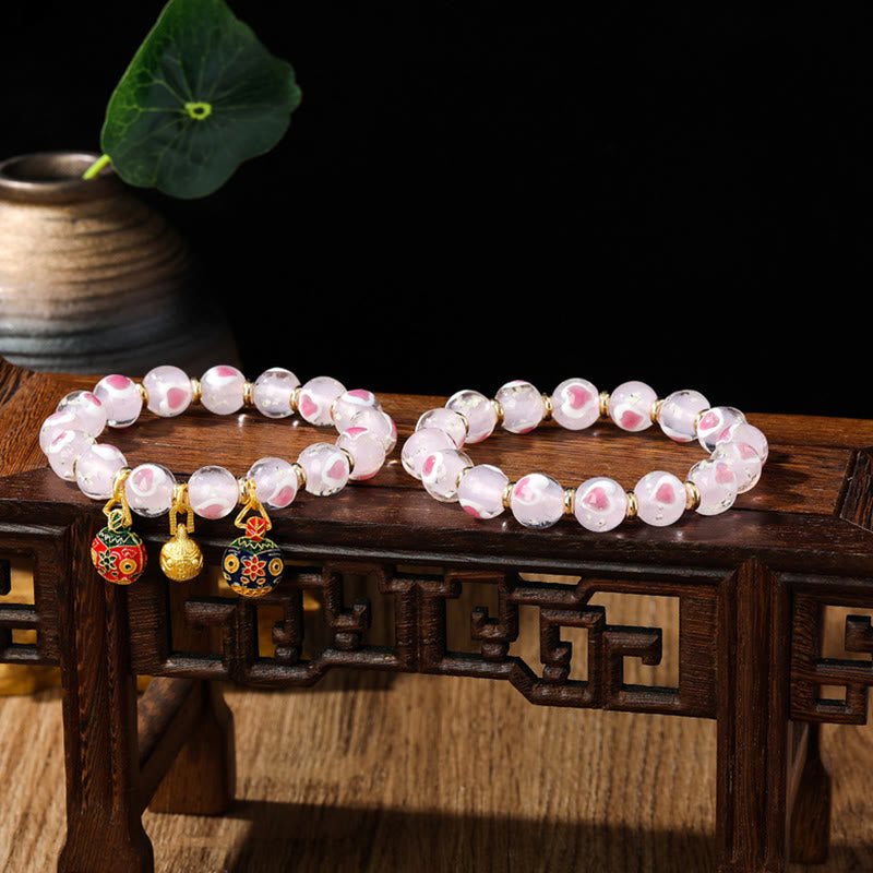 Gold Swallowing Beast Family Pink Love Heart Luminous Fluorescent Liuli Glass Bead Bracelet