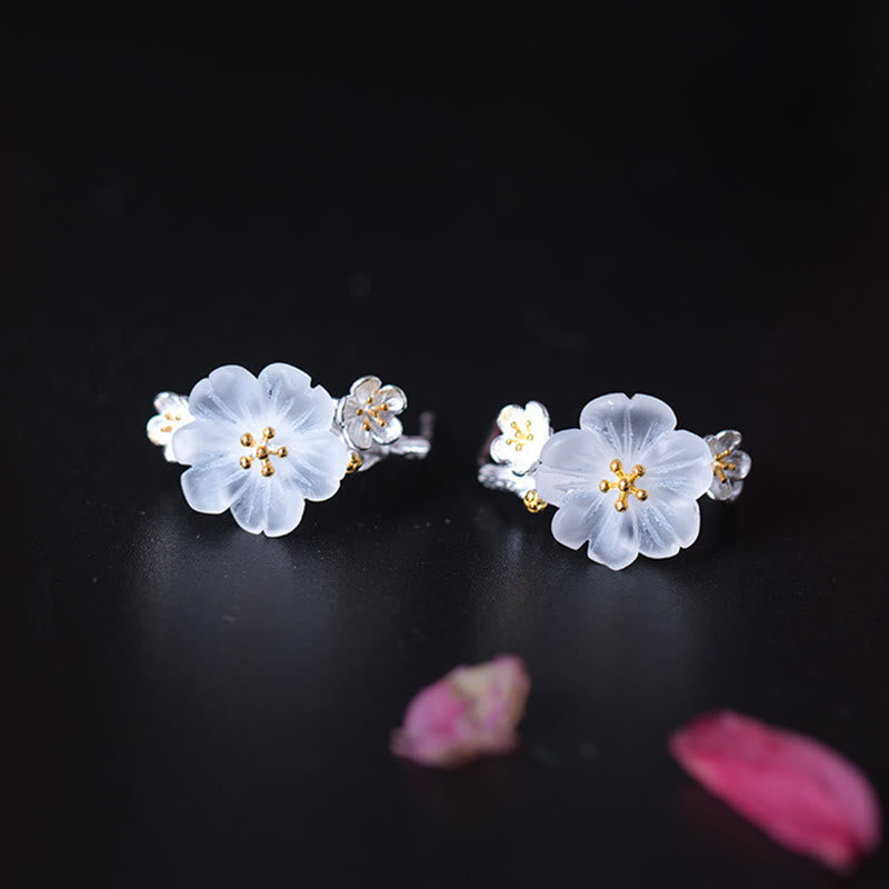 925 Sterling Silver Plum Blossom Floral Clear Quartz Earrings