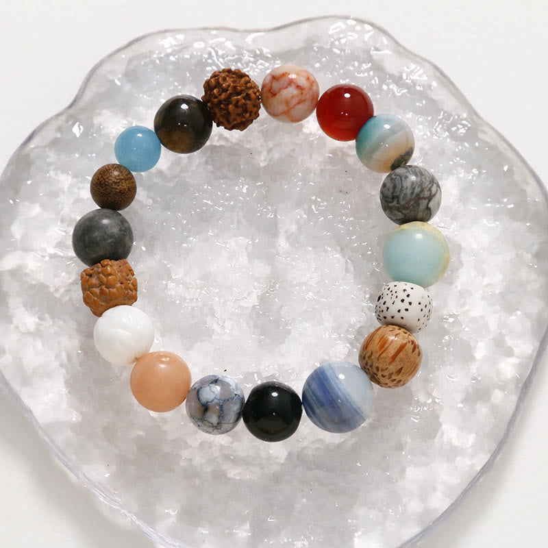 Handmade 18-Bead Bodhi Seed Bracelet with Natural Agate and Clear Quartz