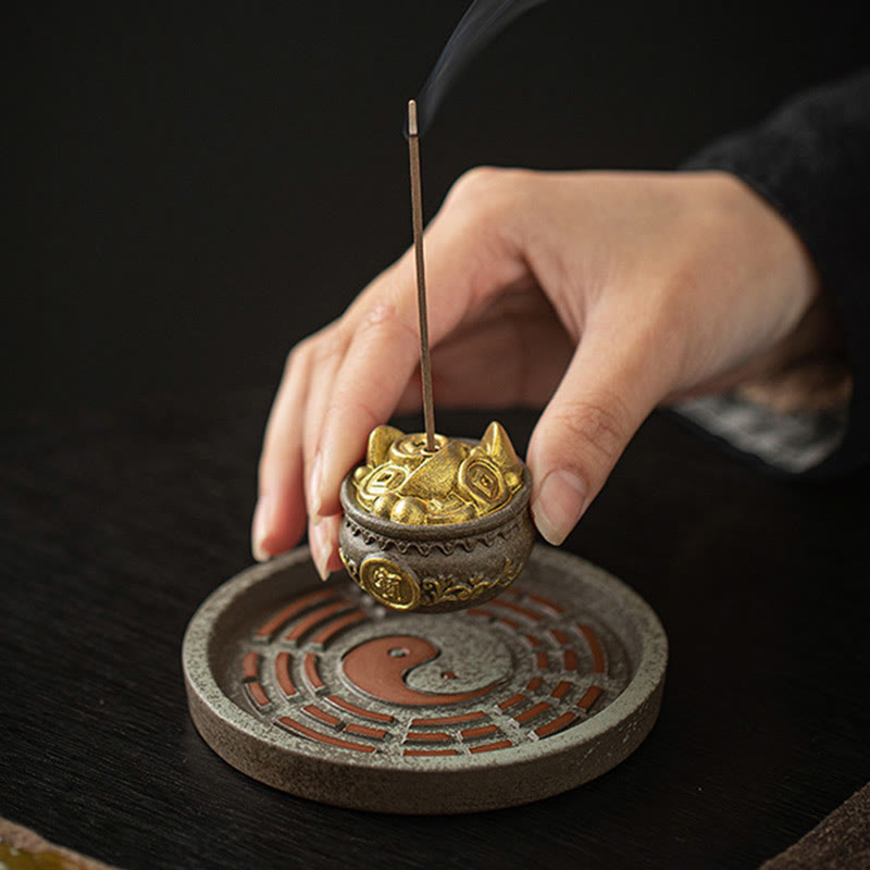 Ceramic Bagua Tray & Symbolic Wealth Vessel Stick Incense Burner