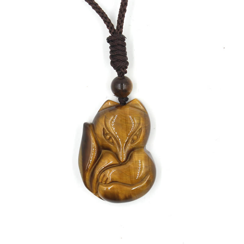 Natural Black Obsidian Tiger Eye Ice Obsidian Fox Pendant Amulet Necklace
