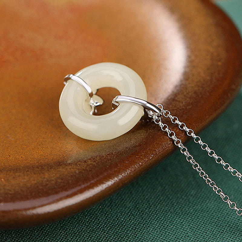 925 Sterling Silver Hetian Jade Peace Buckle Flower Luck Necklace Pendant